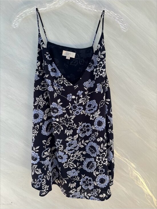 Tops - Blue Floral Spaghetti Strap Lined Tank Top Blouse